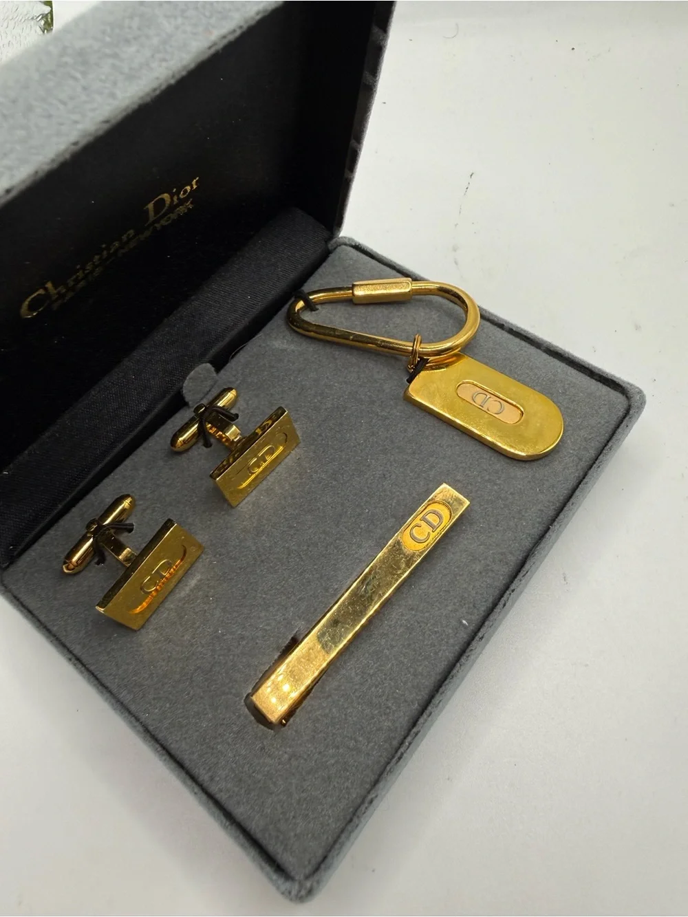 Dior Gold Men’s Cufflink, Tie Clip & Keyring Set